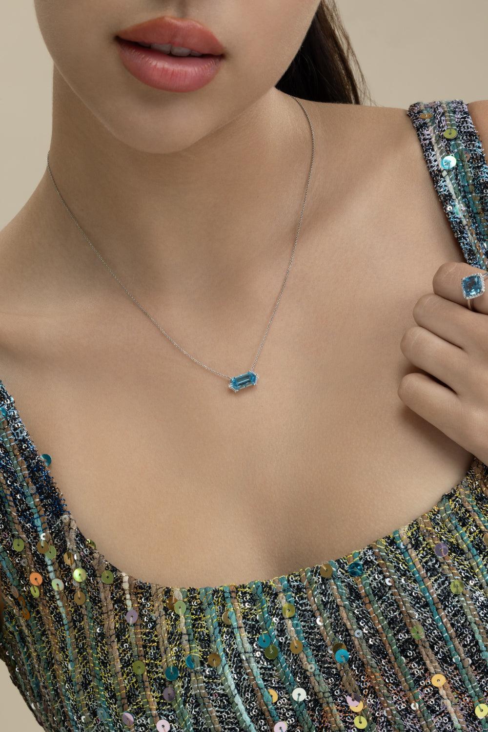 Diamond Blue Topaz Elongated Hexagon Necklace-WHITE GOLD-JEWELRYFINE JEWELNECKLACE O-LISA NIK