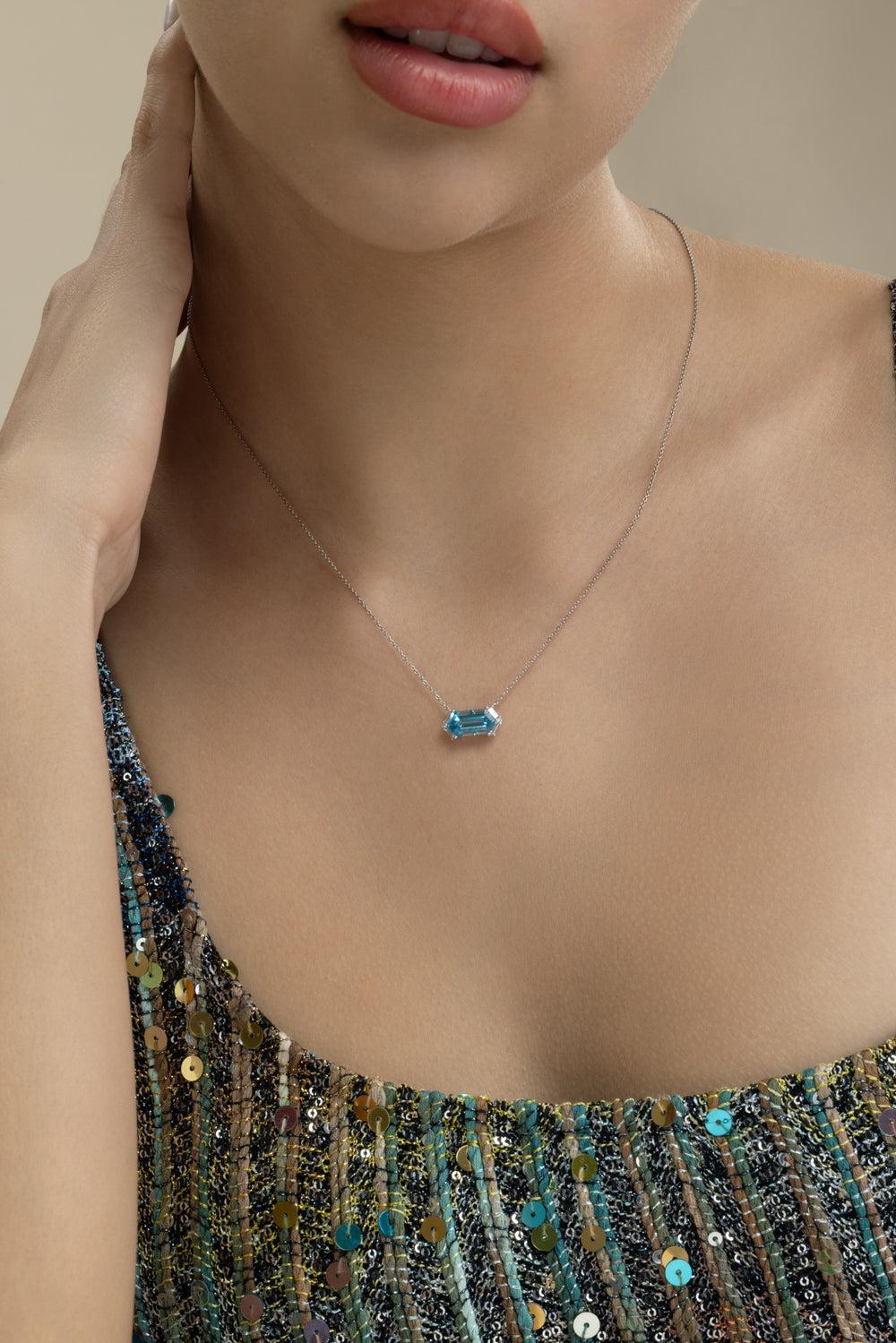 Diamond Blue Topaz Elongated Hexagon Necklace-WHITE GOLD-JEWELRYFINE JEWELNECKLACE O-LISA NIK