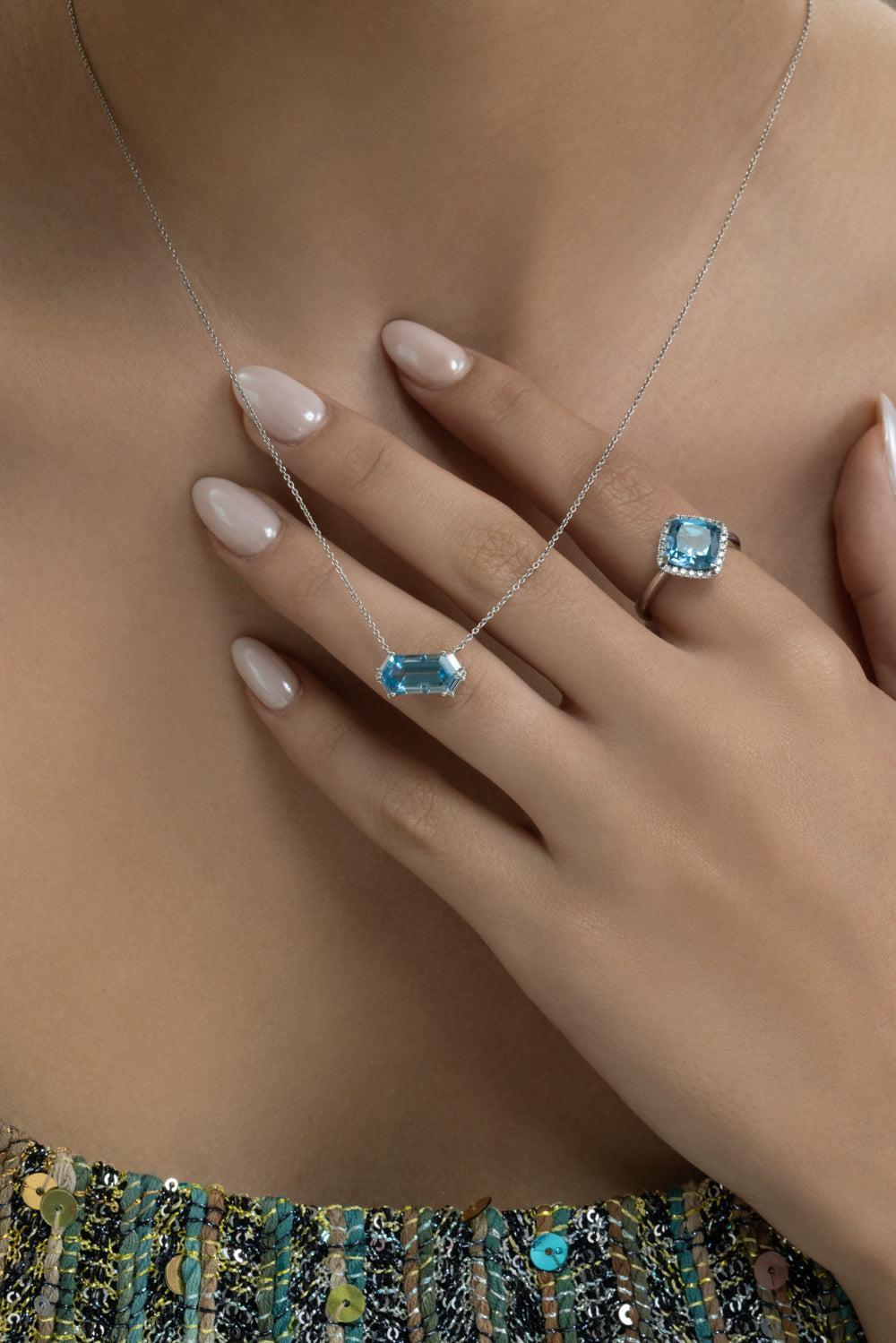 Diamond Blue Topaz Elongated Hexagon Necklace-WHITE GOLD-JEWELRYFINE JEWELNECKLACE O-LISA NIK