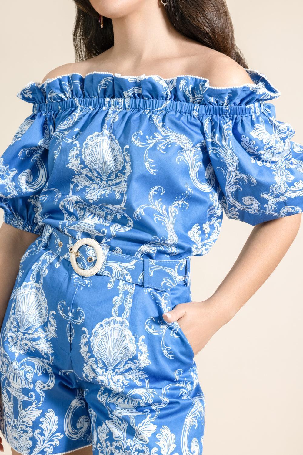 Gwen Top - Barocco-BLUE-0-CLOTHINGTOPBLOUSE-BORGO DE NOR