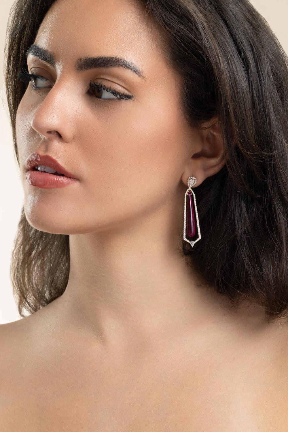 Ruby Diamond Drop Earrings-ROSE GOLD-JEWELRYFINE JEWELEARRING-ALESSA JEWELRY