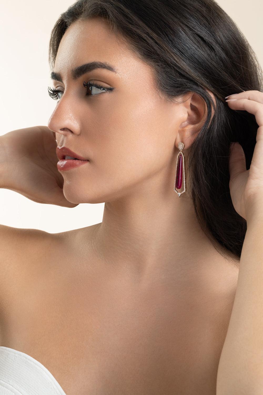 Ruby Diamond Drop Earrings-ROSE GOLD-JEWELRYFINE JEWELEARRING-ALESSA JEWELRY