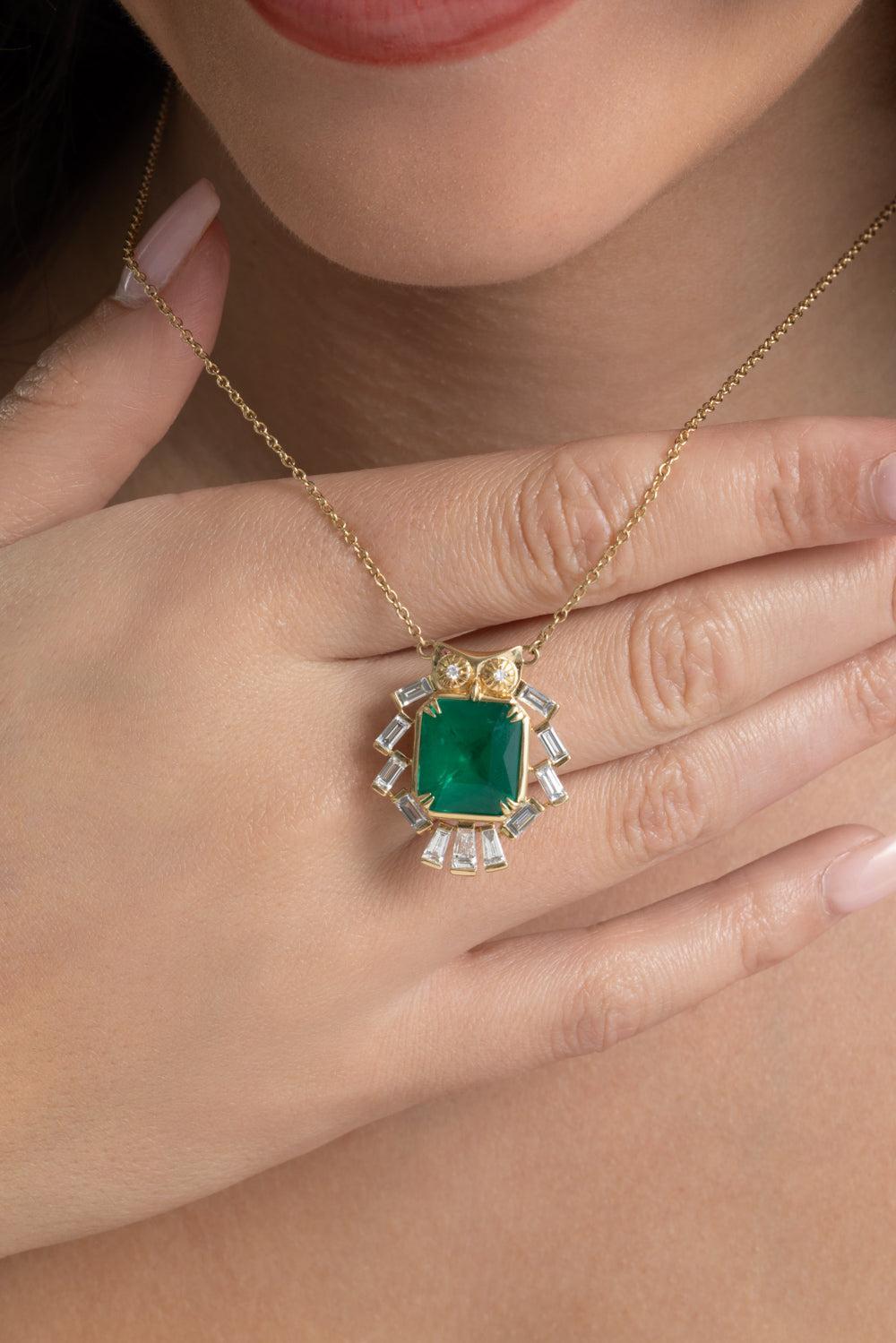 Brazilian Emerald Owl Pendant Necklace-YELLOW GOLD-JEWELRYFINE JEWELNECKLACE O-MONICA RICH KOSANN