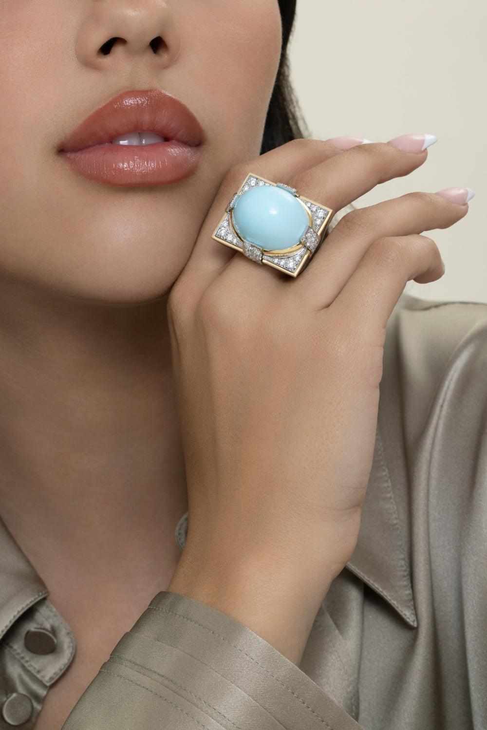 Turquoise Black Grand Central Ring-YELLOW GOLD-6-JEWELRYFINE JEWELRING-DAVID WEBB