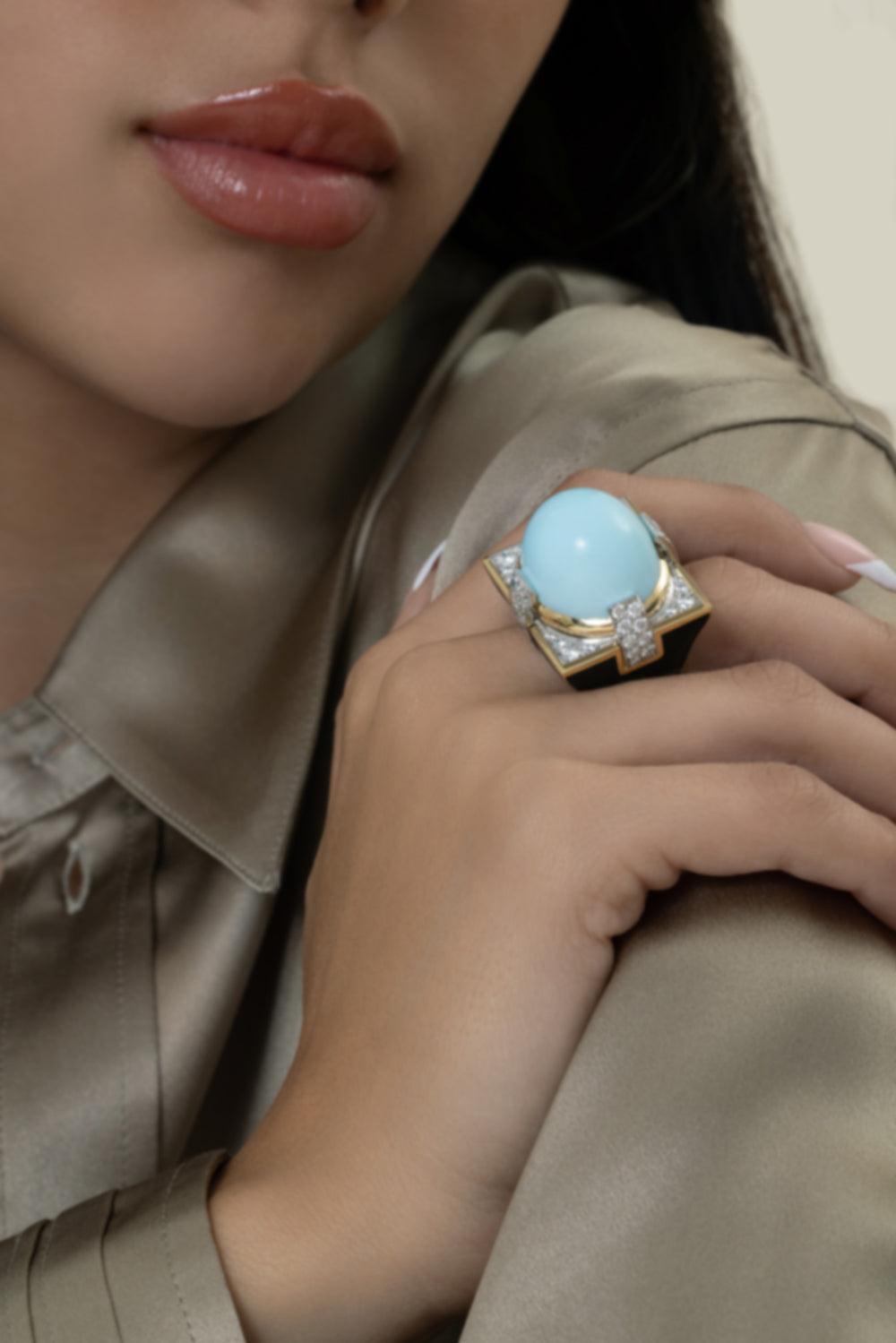 Turquoise Black Grand Central Ring-YELLOW GOLD-6-JEWELRYFINE JEWELRING-DAVID WEBB