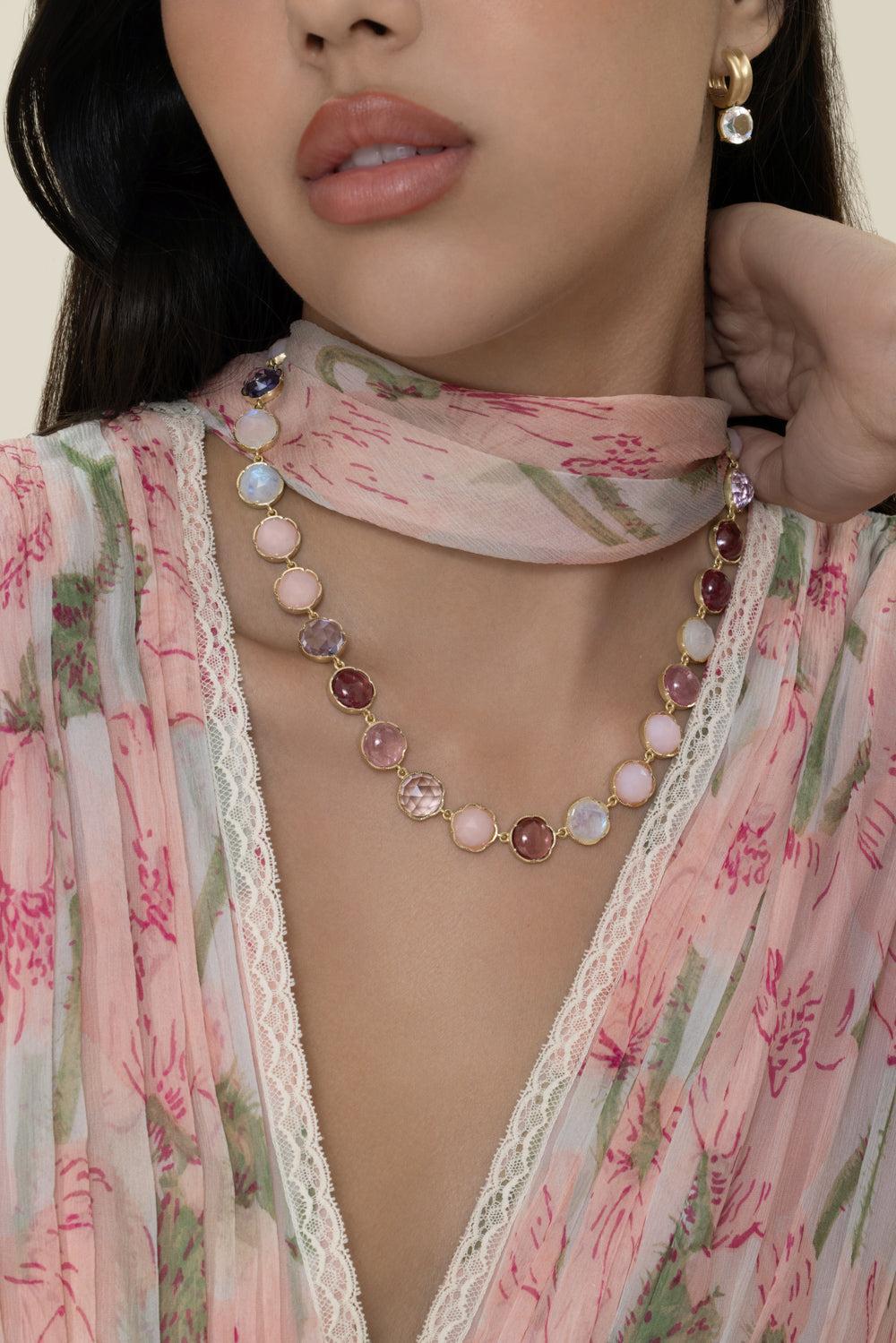 Pink Tourmaline Opal Moonstone Classic Necklace-YELLOW GOLD-18-JEWELRYFINE JEWELNECKLACE O-IRENE NEUWIRTH JEWELRY