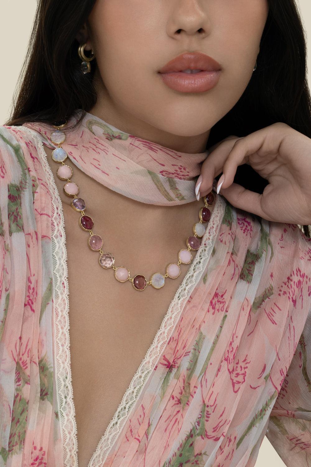Pink Tourmaline Opal Moonstone Classic Necklace-YELLOW GOLD-18-JEWELRYFINE JEWELNECKLACE O-IRENE NEUWIRTH JEWELRY