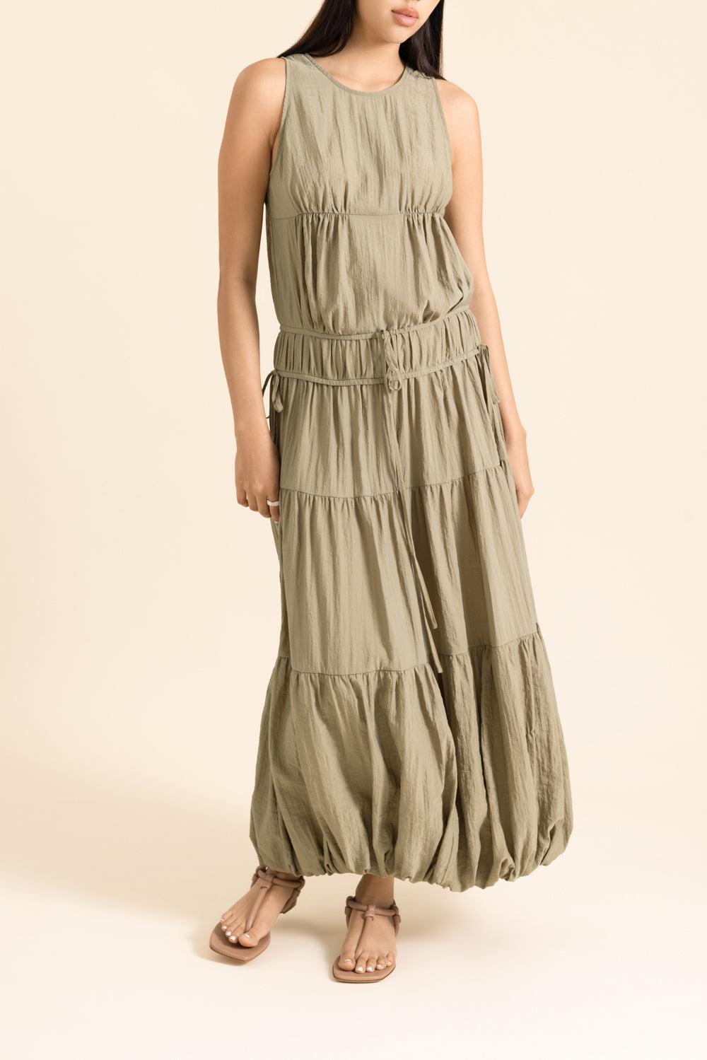 Soft Pleated Turn Up Dress-GREEN-XS-CLOTHINGDRESSCASUAL-CO COLLECTION