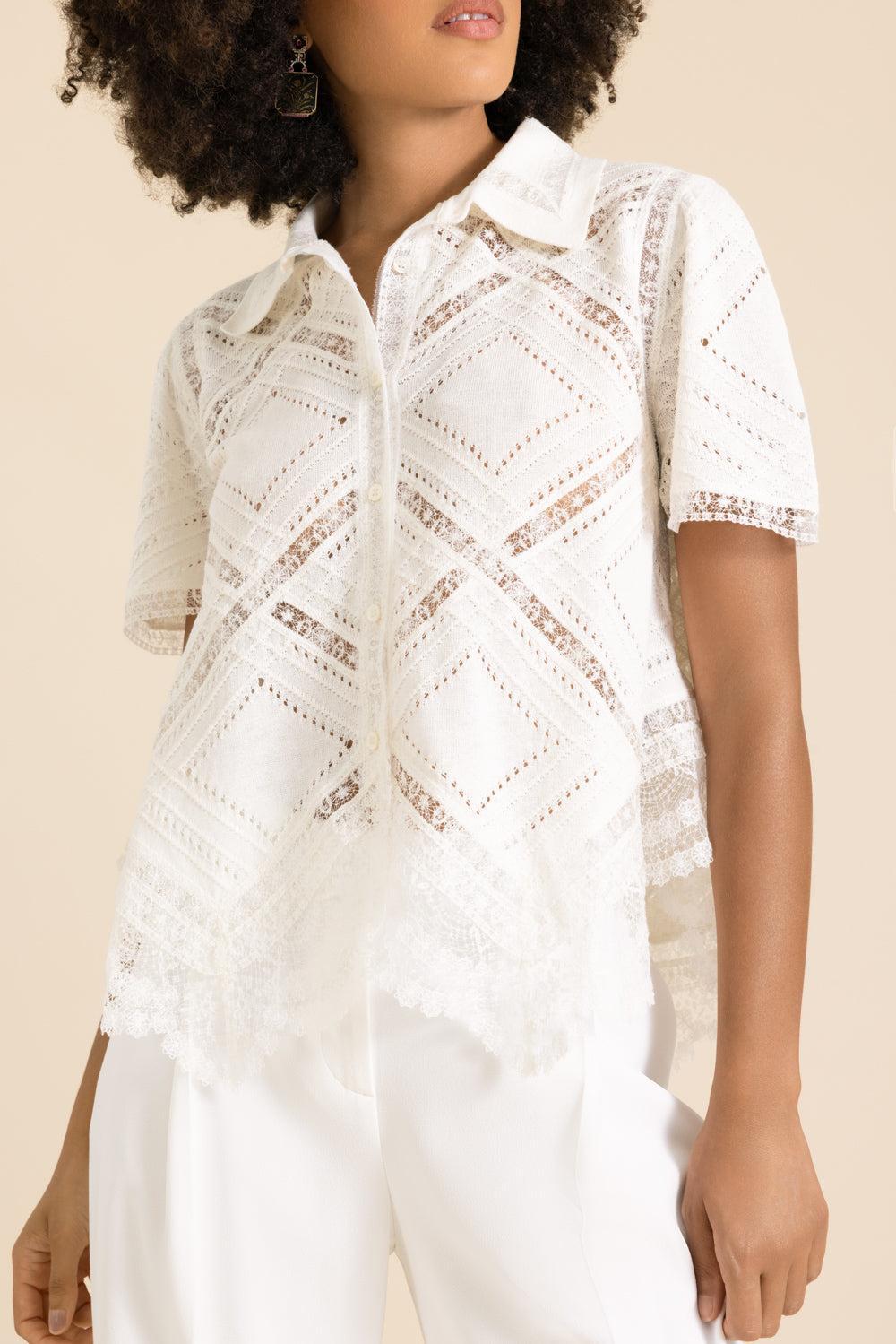 Short Sleeve Knit Shirt-WHITE-38-CLOTHINGTOPBLOUSE-ERMANNO SCERVINO