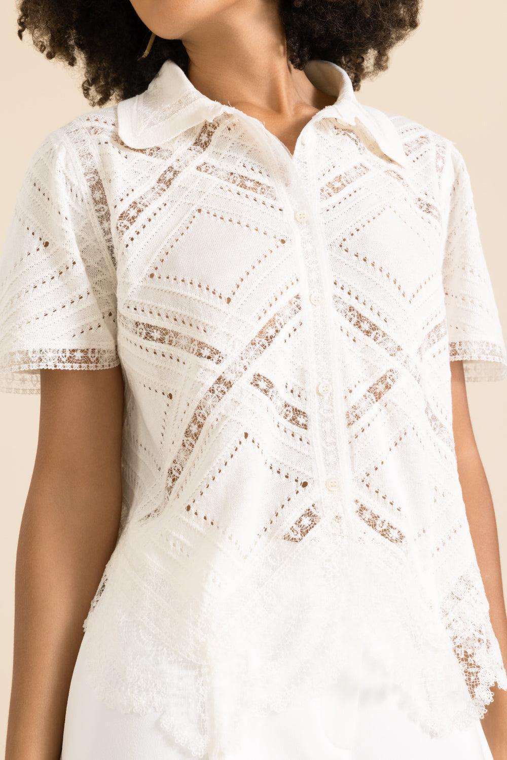 Short Sleeve Knit Shirt-WHITE-38-CLOTHINGTOPBLOUSE-ERMANNO SCERVINO