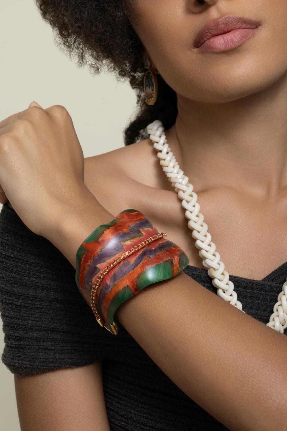 Spessartite Purple Green Leaf Marquetry Bracelet-YELLOW GOLD-JEWELRYFINE JEWELBRACELET O-SILVIA FURMANOVICH