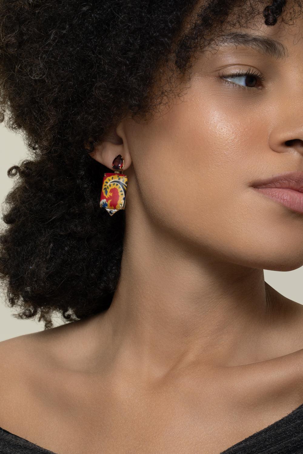 Diamond Grenade Kashmir Print Marquetry Earrings-YELLOW GOLD-JEWELRYFINE JEWELEARRING-SILVIA FURMANOVICH