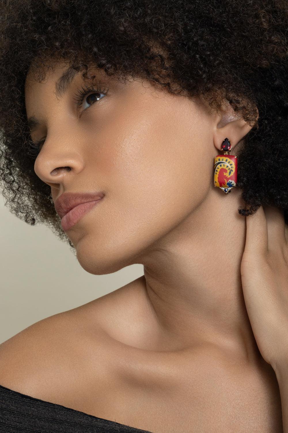 Diamond Grenade Kashmir Print Marquetry Earrings-YELLOW GOLD-JEWELRYFINE JEWELEARRING-SILVIA FURMANOVICH