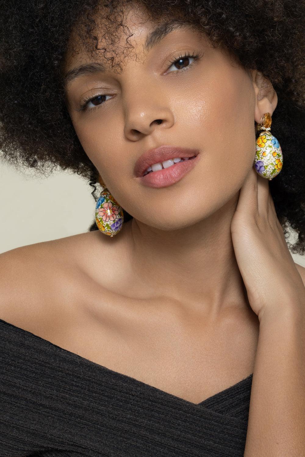 Citrine Diamond Floral Paper Mache Earrings-YELLOW GOLD-JEWELRYFINE JEWELEARRING-SILVIA FURMANOVICH