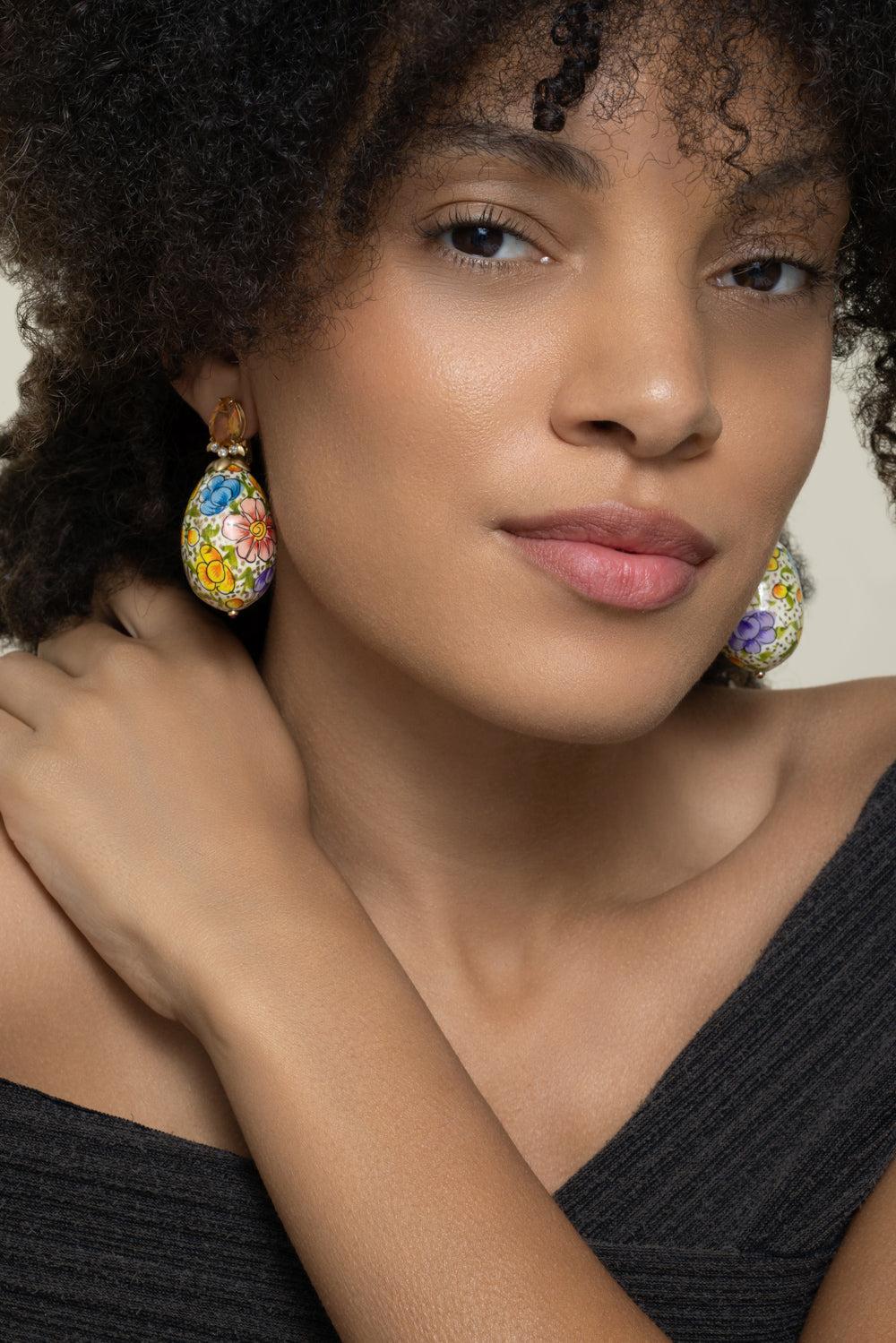 Citrine Diamond Floral Paper Mache Earrings-YELLOW GOLD-JEWELRYFINE JEWELEARRING-SILVIA FURMANOVICH