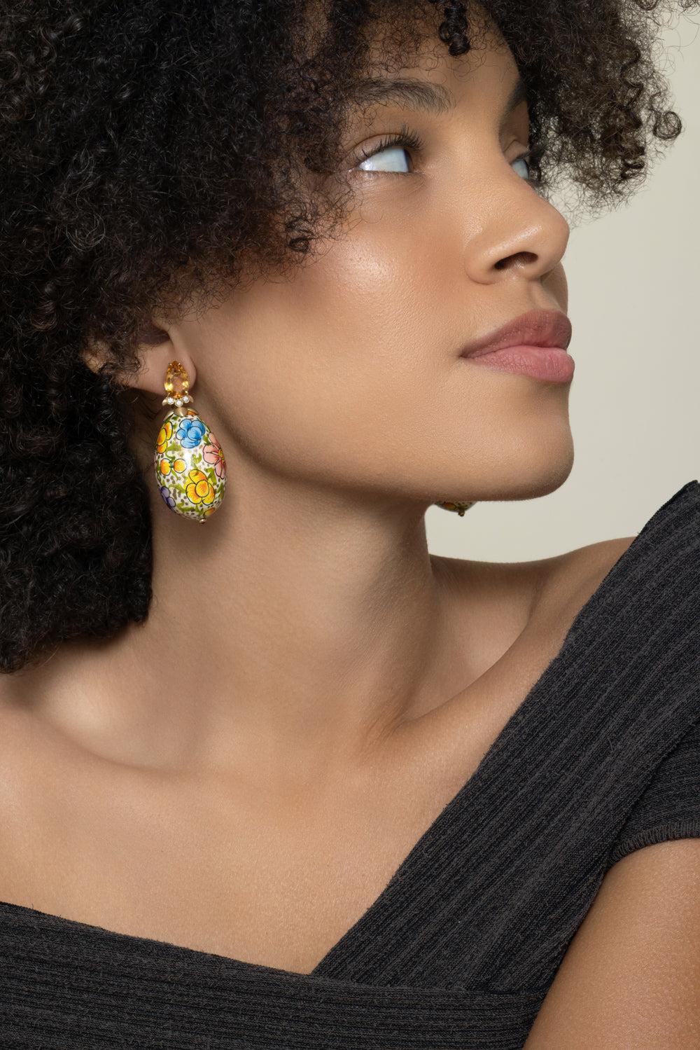 Citrine Diamond Floral Paper Mache Earrings-YELLOW GOLD-JEWELRYFINE JEWELEARRING-SILVIA FURMANOVICH