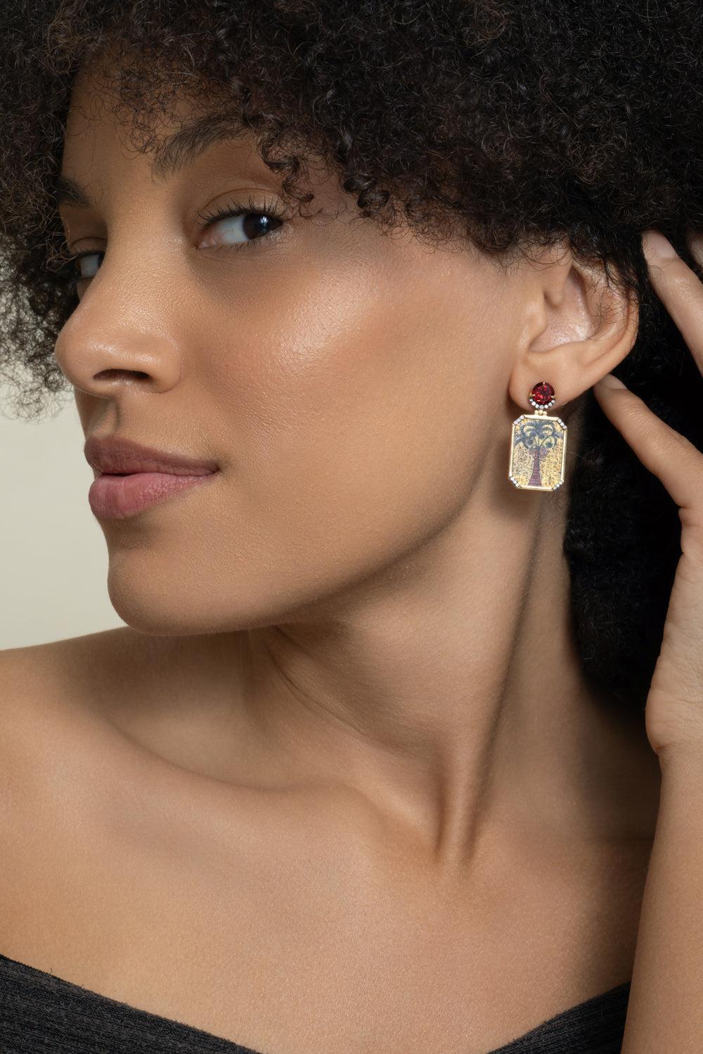 Diamond Garnet Egypt Miniature Painting Earrings-YELLOW GOLD-JEWELRYFINE JEWELEARRING-SILVIA FURMANOVICH