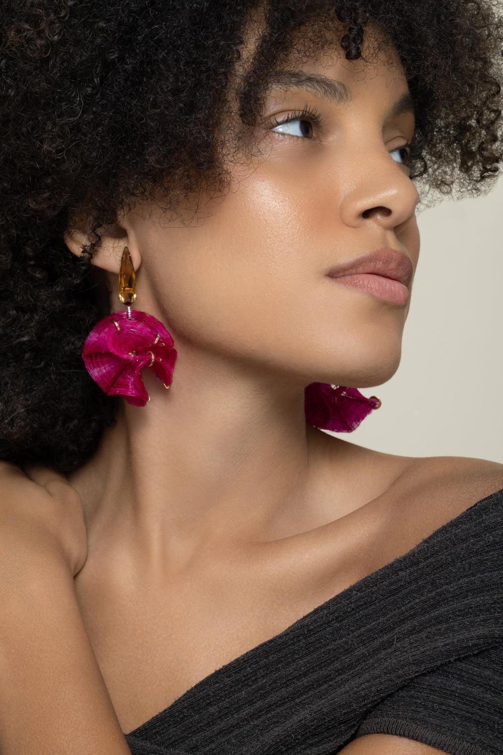 Diamond Citrine Pink Horse Mane Sphere Earrings-YELLOW GOLD-JEWELRYFINE JEWELEARRING-SILVIA FURMANOVICH