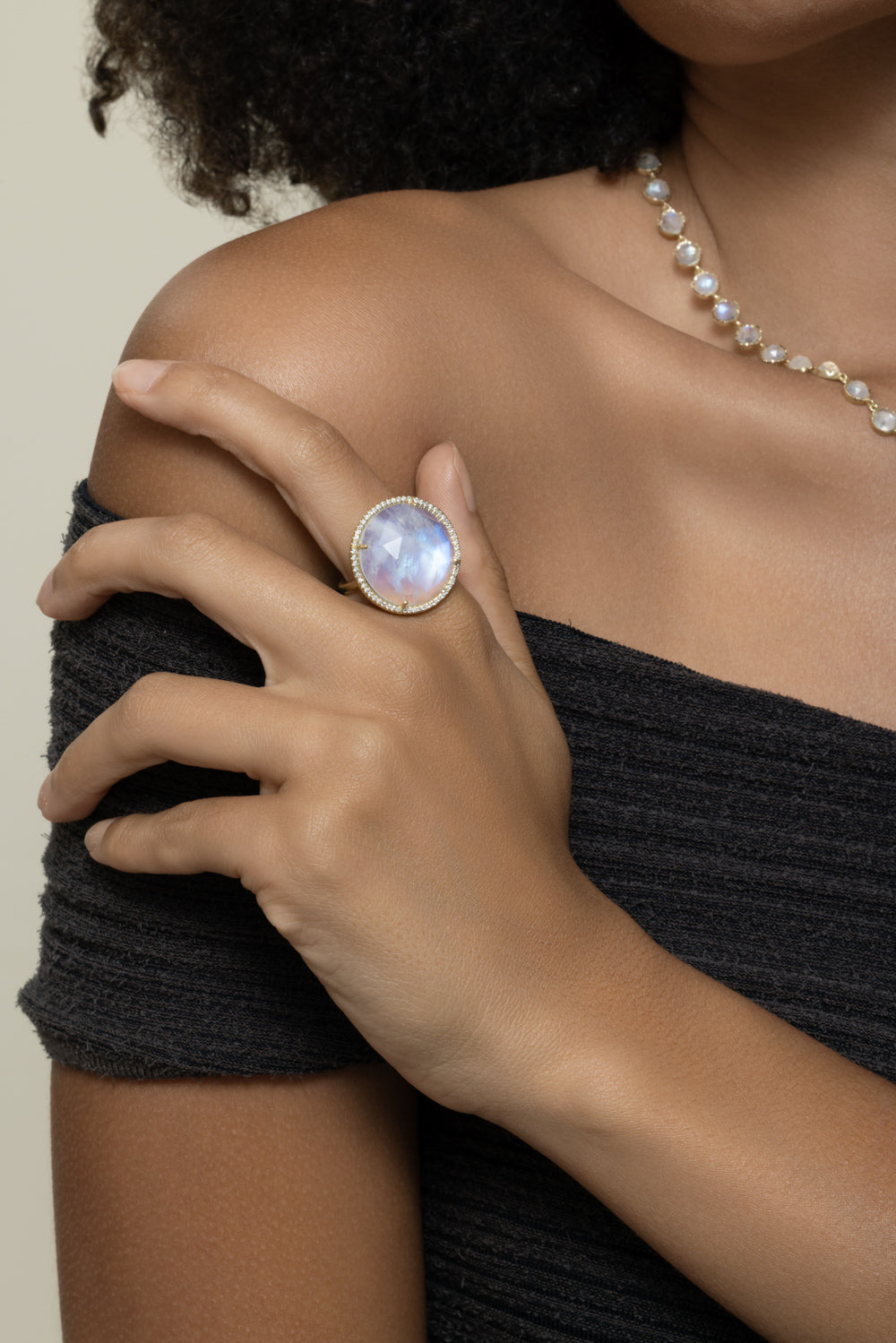 Rainbow Moonstone Halo Ring