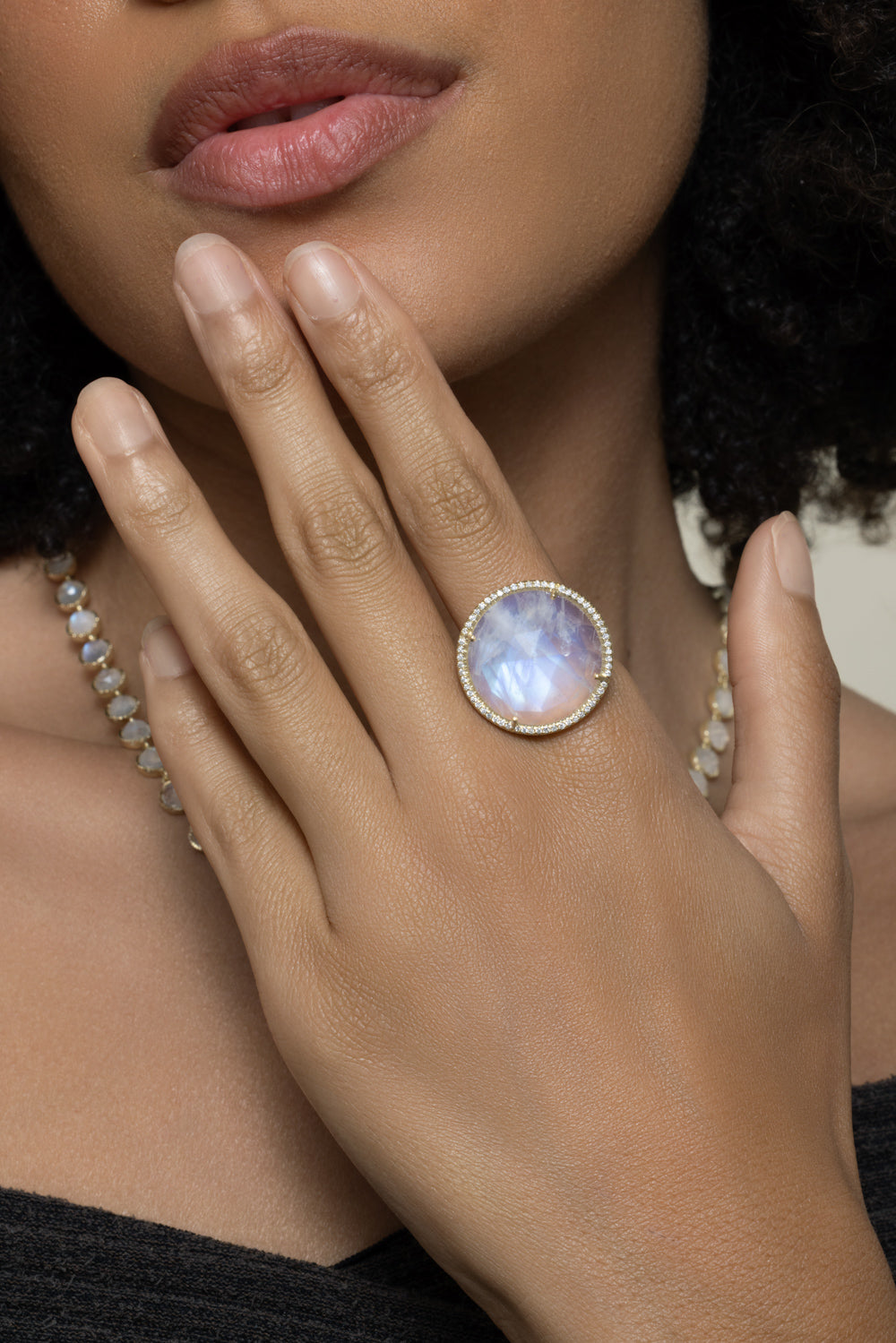 Rainbow Moonstone Halo Ring
