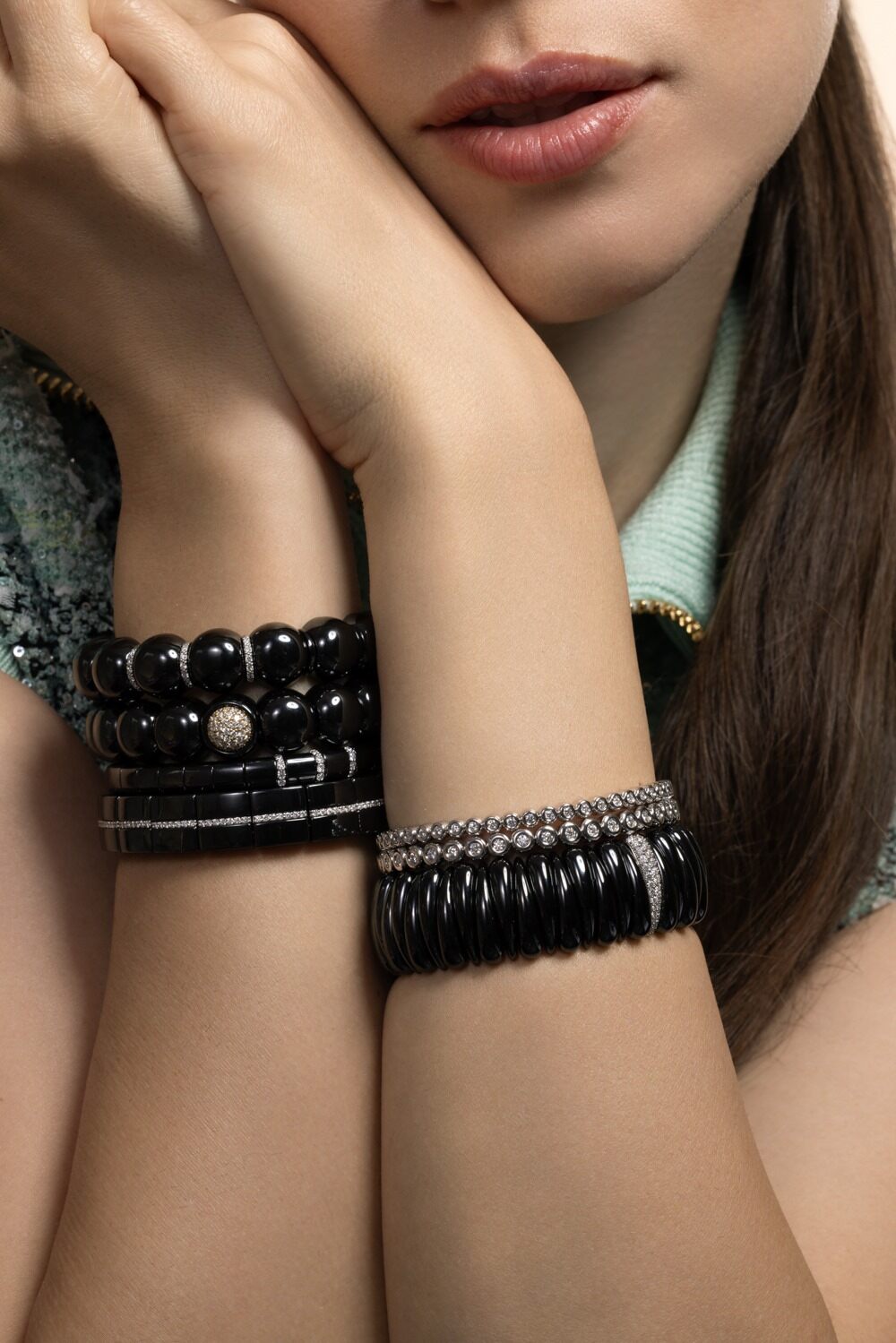 Three Diamond Bar Black Pura Stretch Bracelet-WHITE GOLD-JEWELRYFINE JEWELBRACELET O-ROBERTO DEMEGLIO