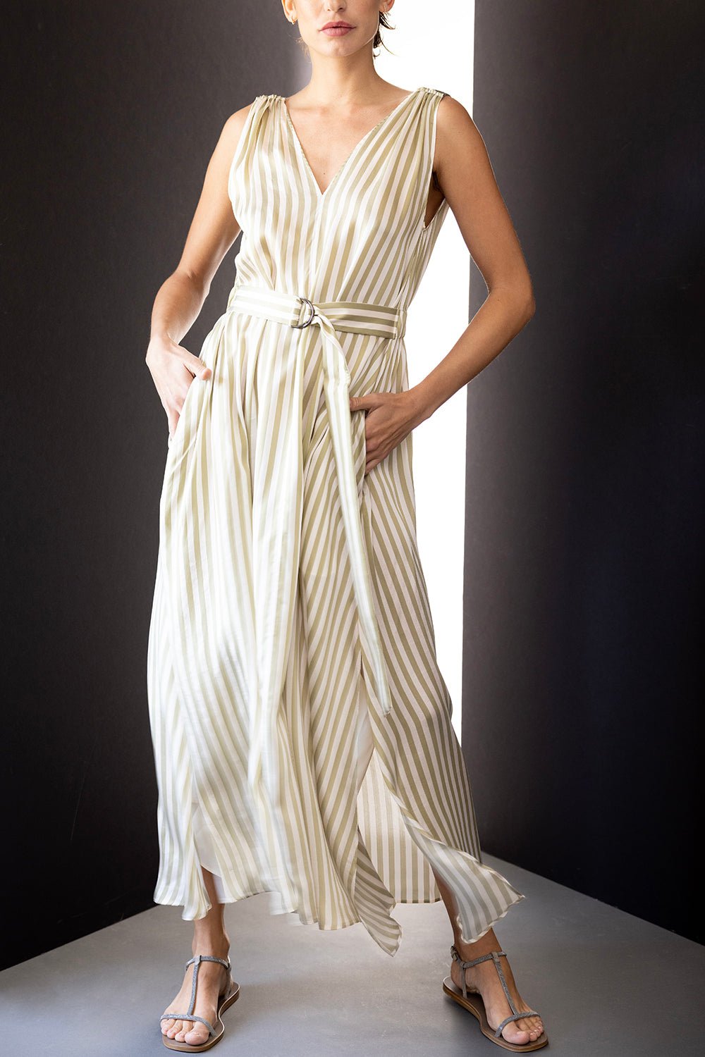 BRUNELLO CUCINELLI-Belted Stripe Midi Dress-