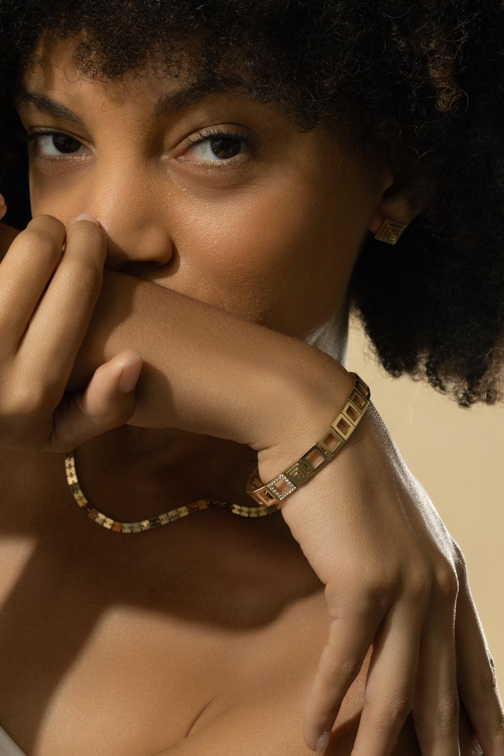 Diamond Foundation Square Link Bracelet-YELLOW GOLD-JEWELRYFINE JEWELBRACELET O-CADAR