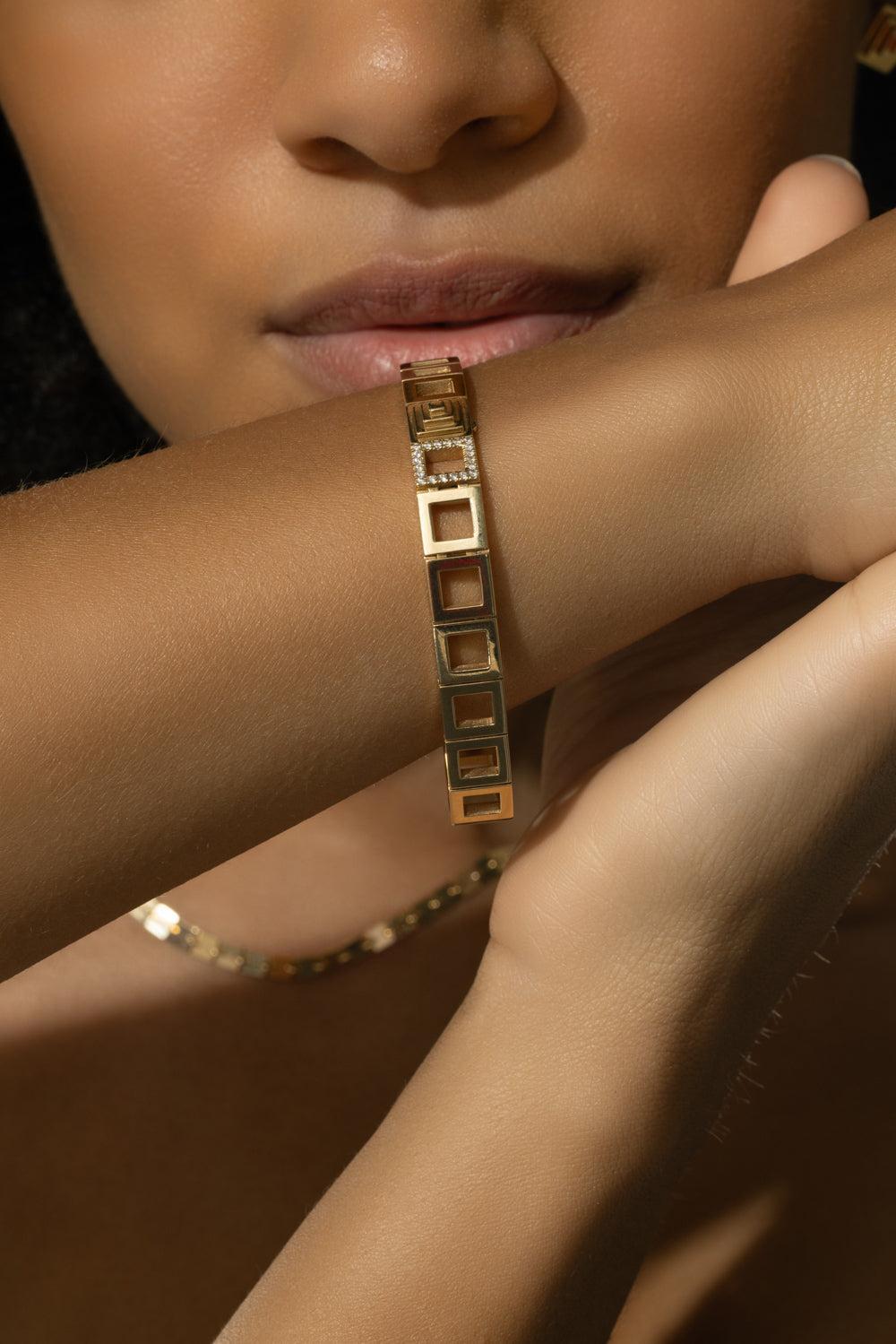 Diamond Foundation Square Link Bracelet-YELLOW GOLD-JEWELRYFINE JEWELBRACELET O-CADAR