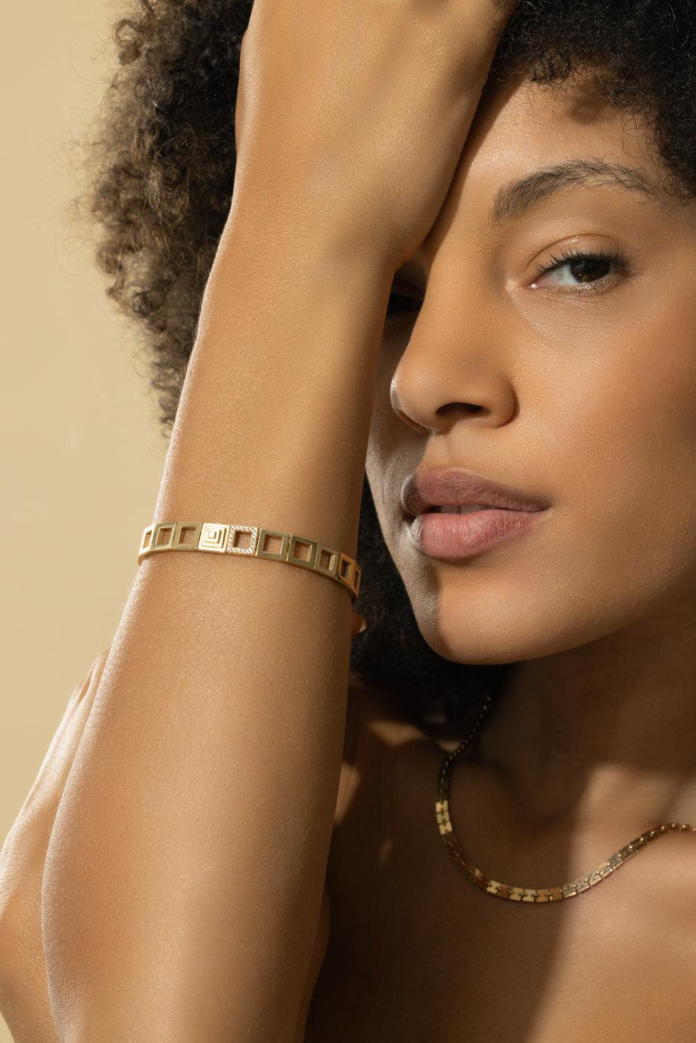 Diamond Foundation Square Link Bracelet-YELLOW GOLD-JEWELRYFINE JEWELBRACELET O-CADAR