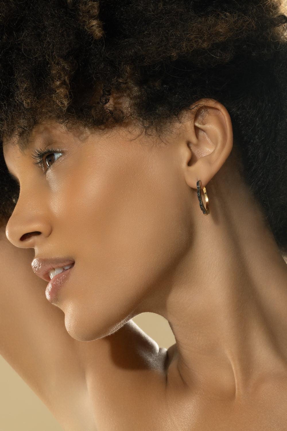 Triplet Black and White Diamond Hoop Earrings-YELLOW GOLD-JEWELRYFINE JEWELEARRING-CADAR