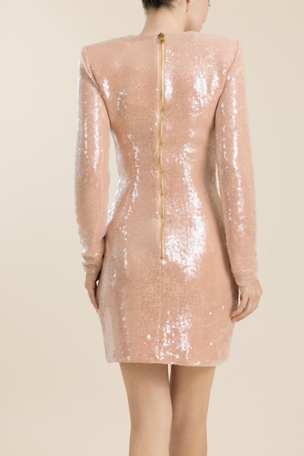 Long Sleeve Drape Sequin Mini Dress-PINK-34-CLOTHINGDRESSCOCKTAIL-BALMAIN
