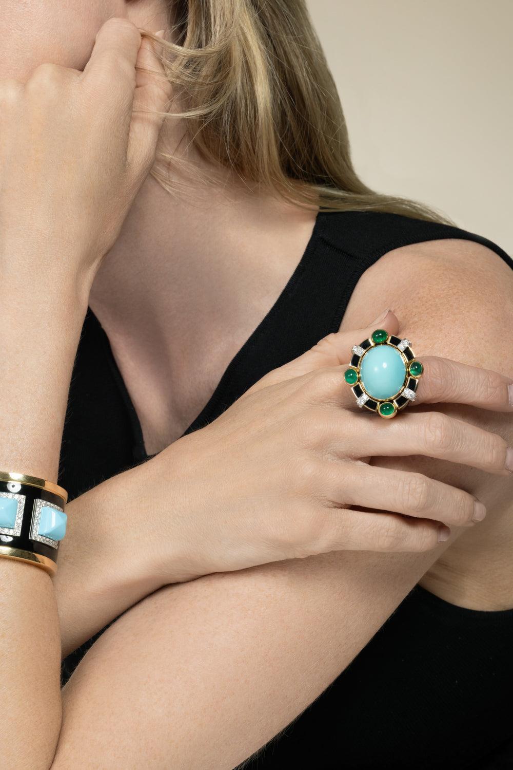 Turquoise Emerald Black Caviar Ring-YELLOW GOLD-5-JEWELRYFINE JEWELRING-DAVID WEBB