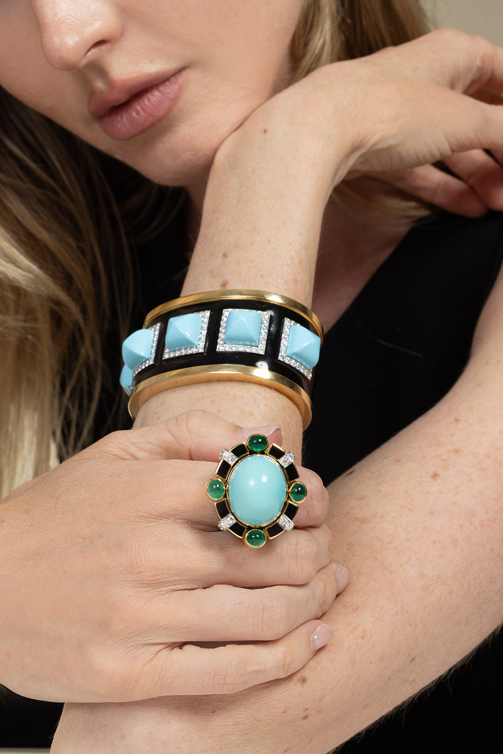 Turquoise Diamond Five Stone Bastille Cuff Bracelet