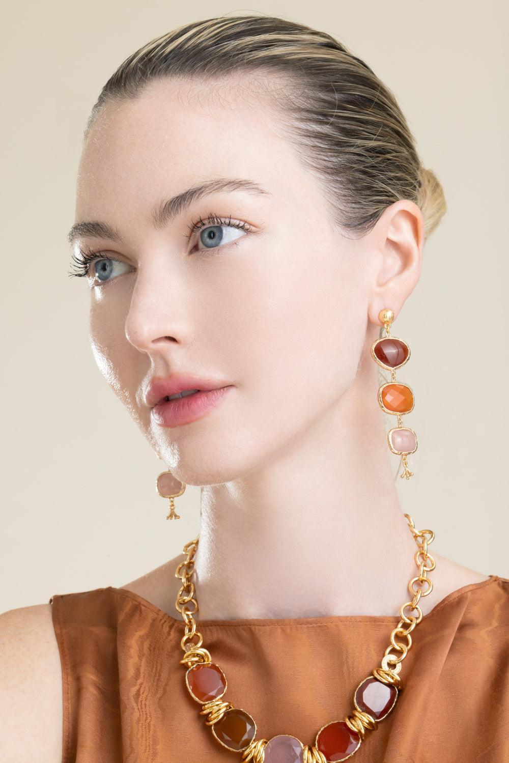 Red Orange Three Stone Silene Earrings-RED-JEWELRYBOUTIQUEEARRING-GAS BIJOUX
