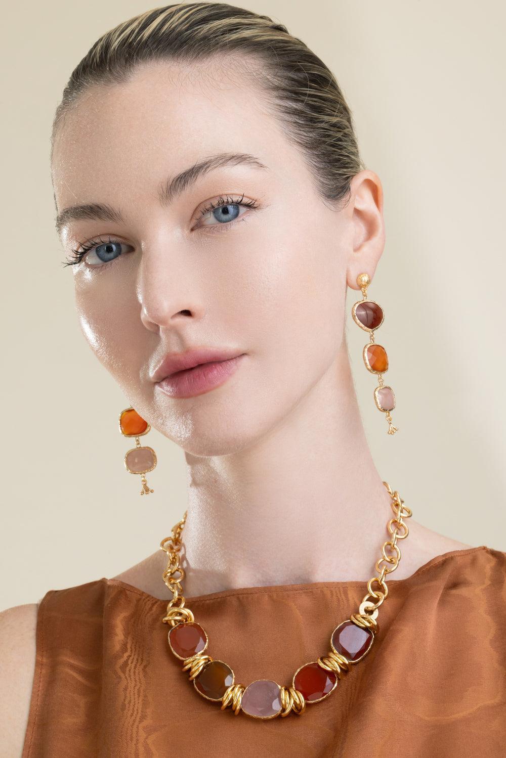Red Orange Three Stone Silene Earrings-RED-JEWELRYBOUTIQUEEARRING-GAS BIJOUX