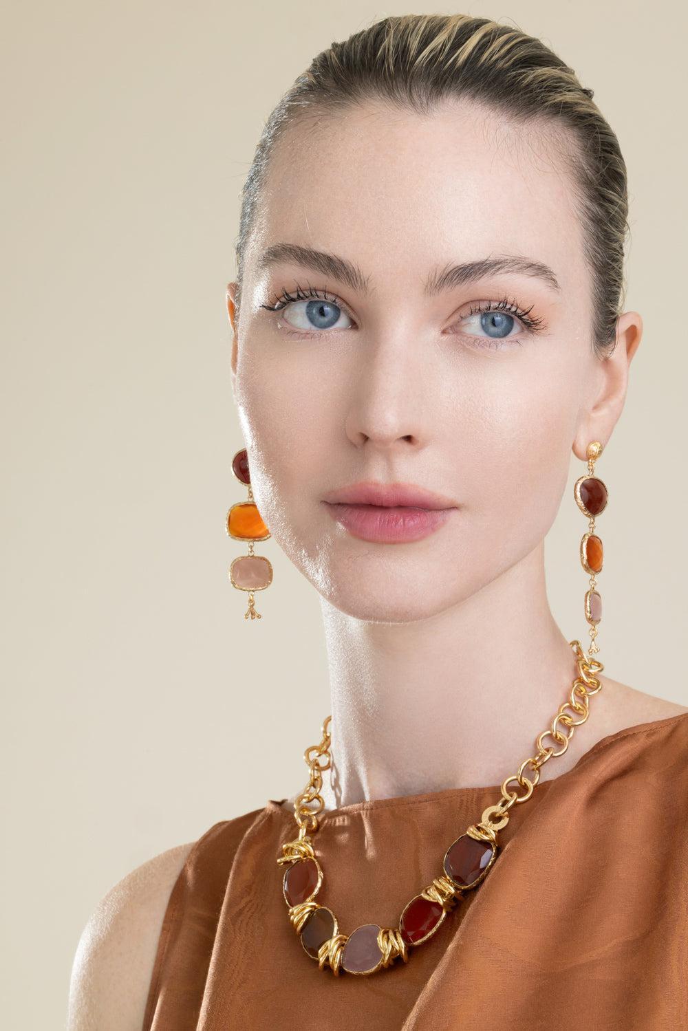 Red Orange Three Stone Silene Earrings-RED-JEWELRYBOUTIQUEEARRING-GAS BIJOUX