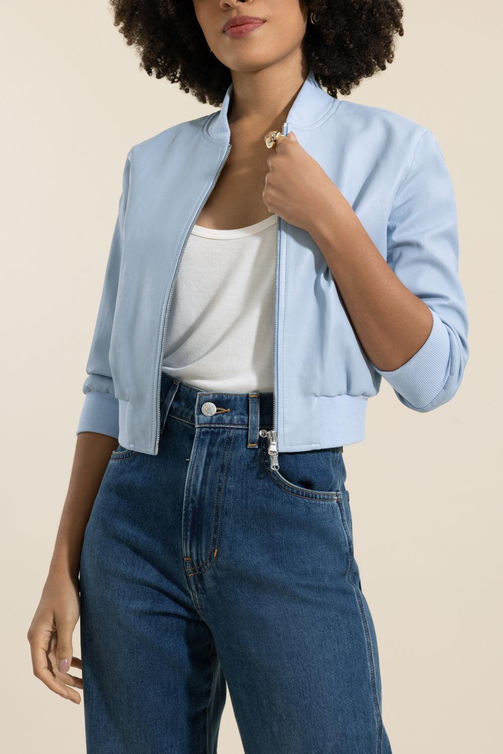 Short Sleeve Bomber Jacket - Aerie Blue-BLUE-2-CLOTHINGJACKETLEATHER-SUSAN BENDER