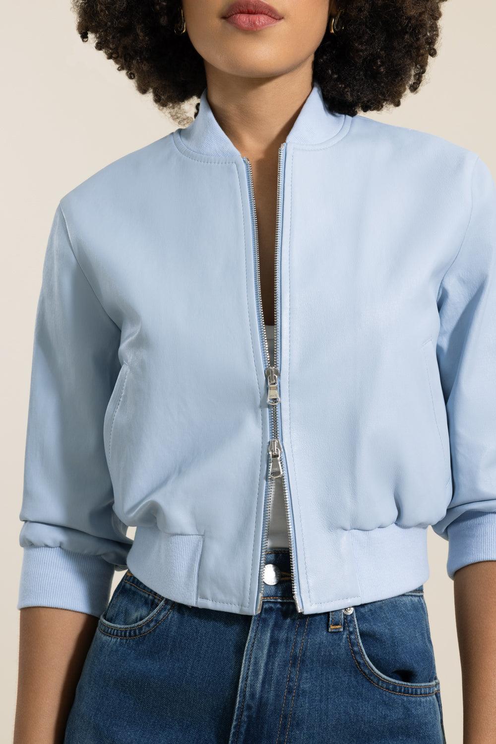 Short Sleeve Bomber Jacket - Aerie Blue-BLUE-2-CLOTHINGJACKETLEATHER-SUSAN BENDER