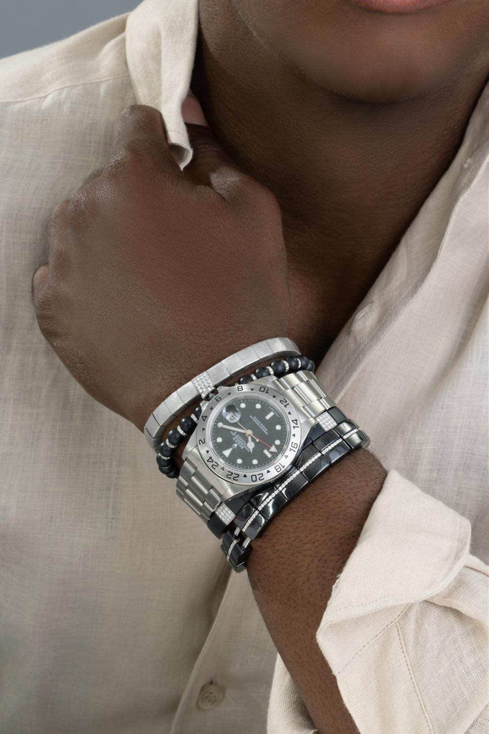 Diamond Alternating Matte Black Sfera Stretch Bracelet-WHITE GOLD-JEWELRYFINE JEWELBRACELET O-ROBERTO DEMEGLIO
