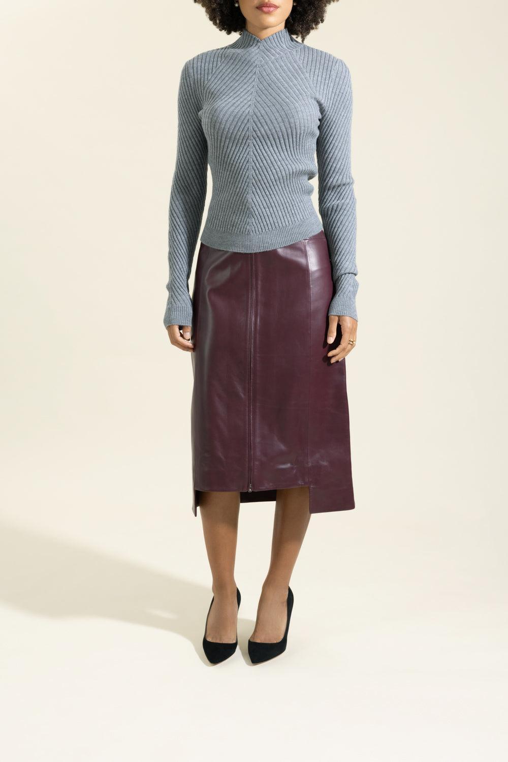 Zip-Front Leather Skirt-BROWN-2-CLOTHINGSKIRTMIDI-VICTORIA BECKHAM