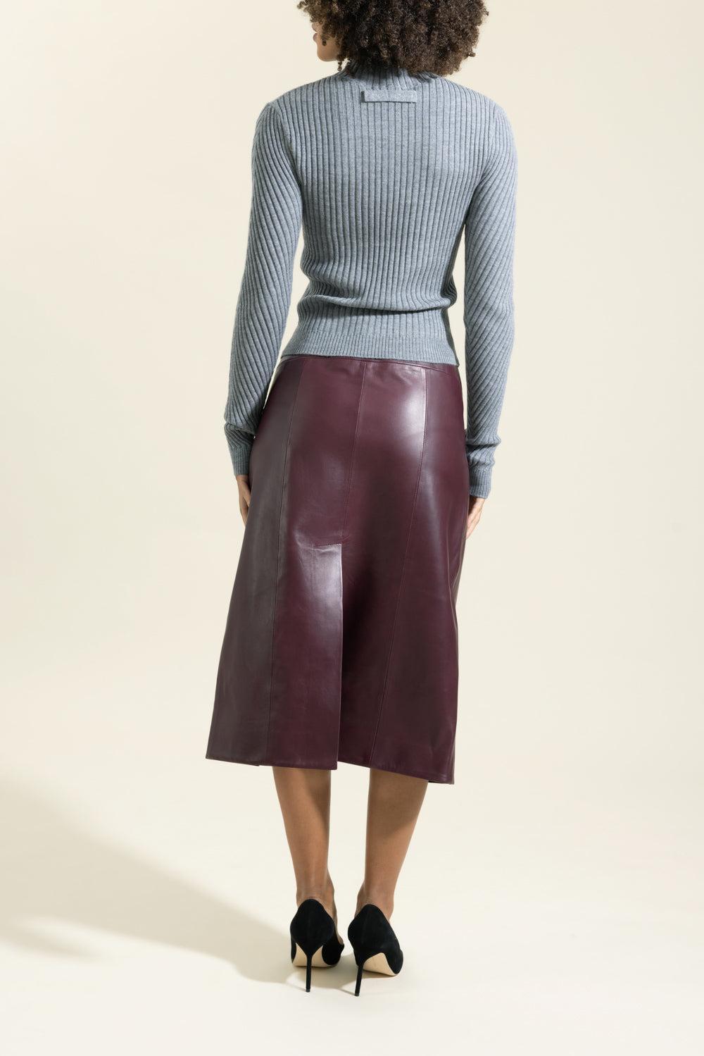 Zip-Front Leather Skirt-BROWN-2-CLOTHINGSKIRTMIDI-VICTORIA BECKHAM