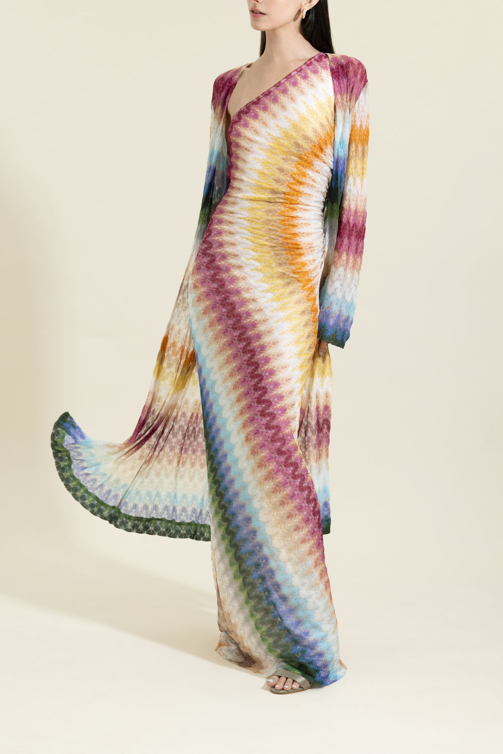 One Shoulder Long Dress - Multicolor Blue Yellow Green