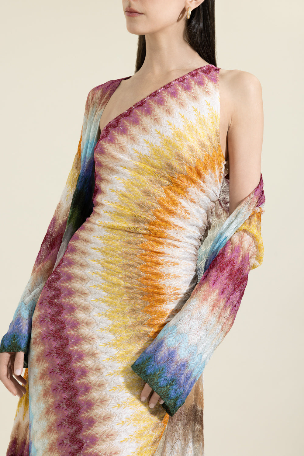 One Shoulder Long Dress - Multicolor Blue Yellow Green