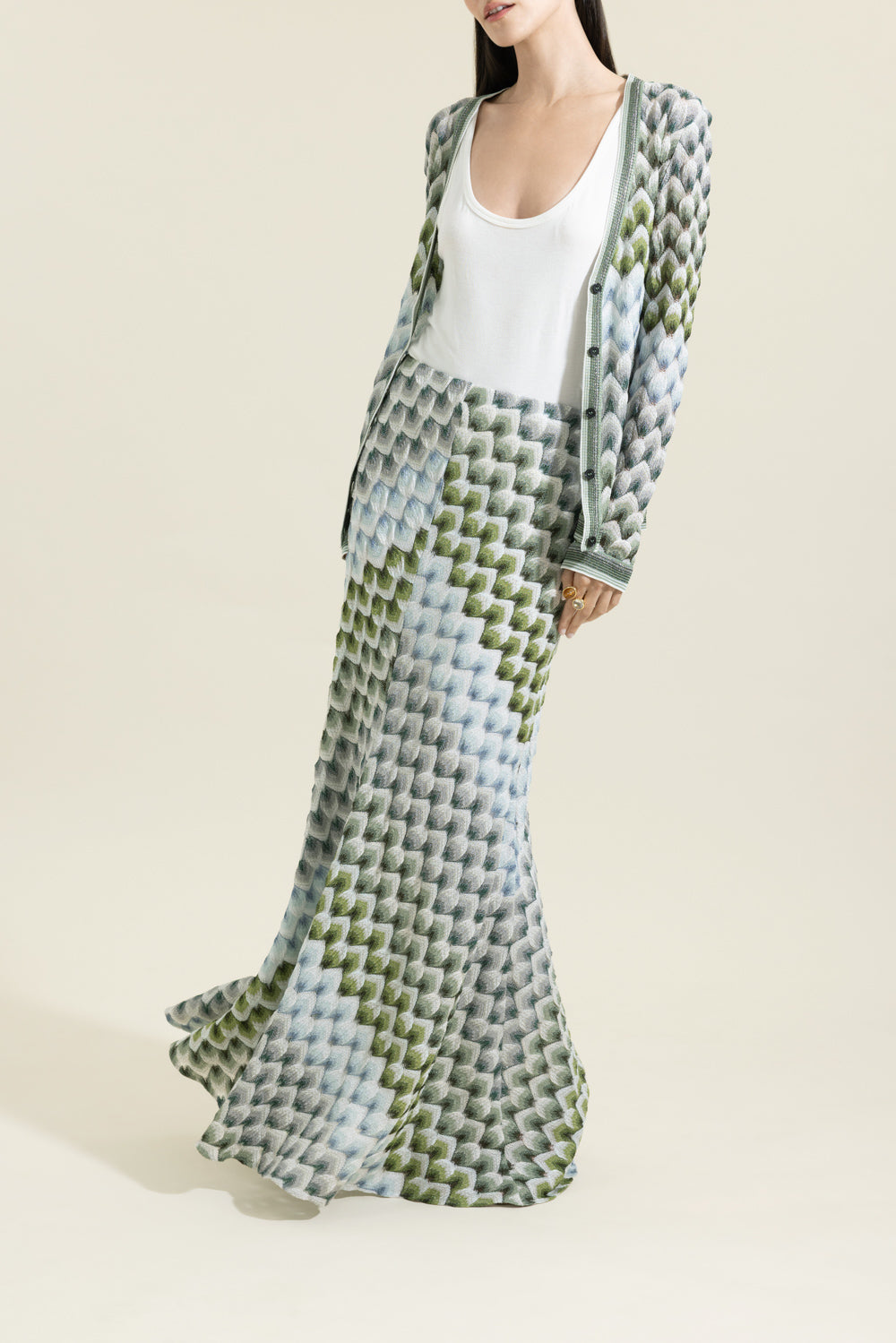 Buttoned Cardigan - Green Light Blue White