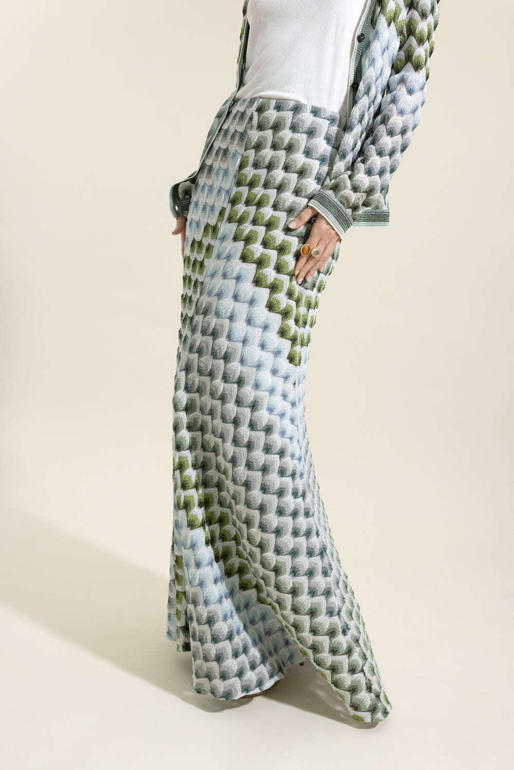 Long Knit Skirt - Green Light Blue White