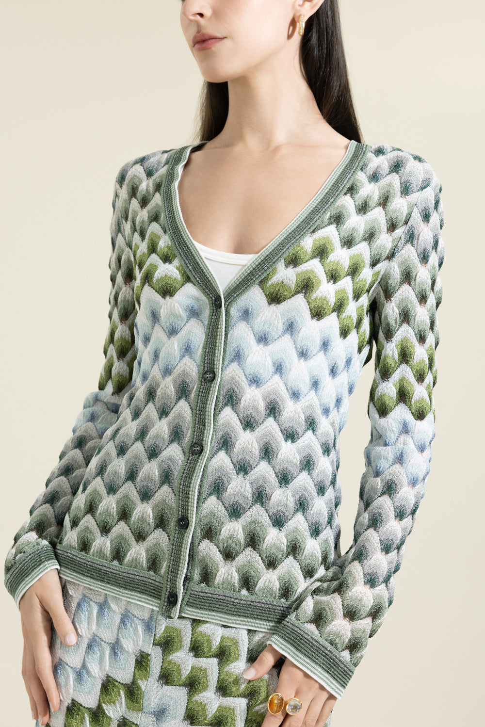 Buttoned Cardigan - Green Light Blue White
