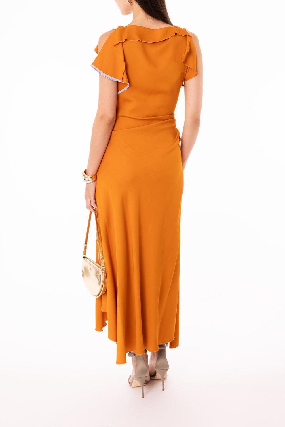 victoria beckham orange dress Drape Sleeve Midi Dress