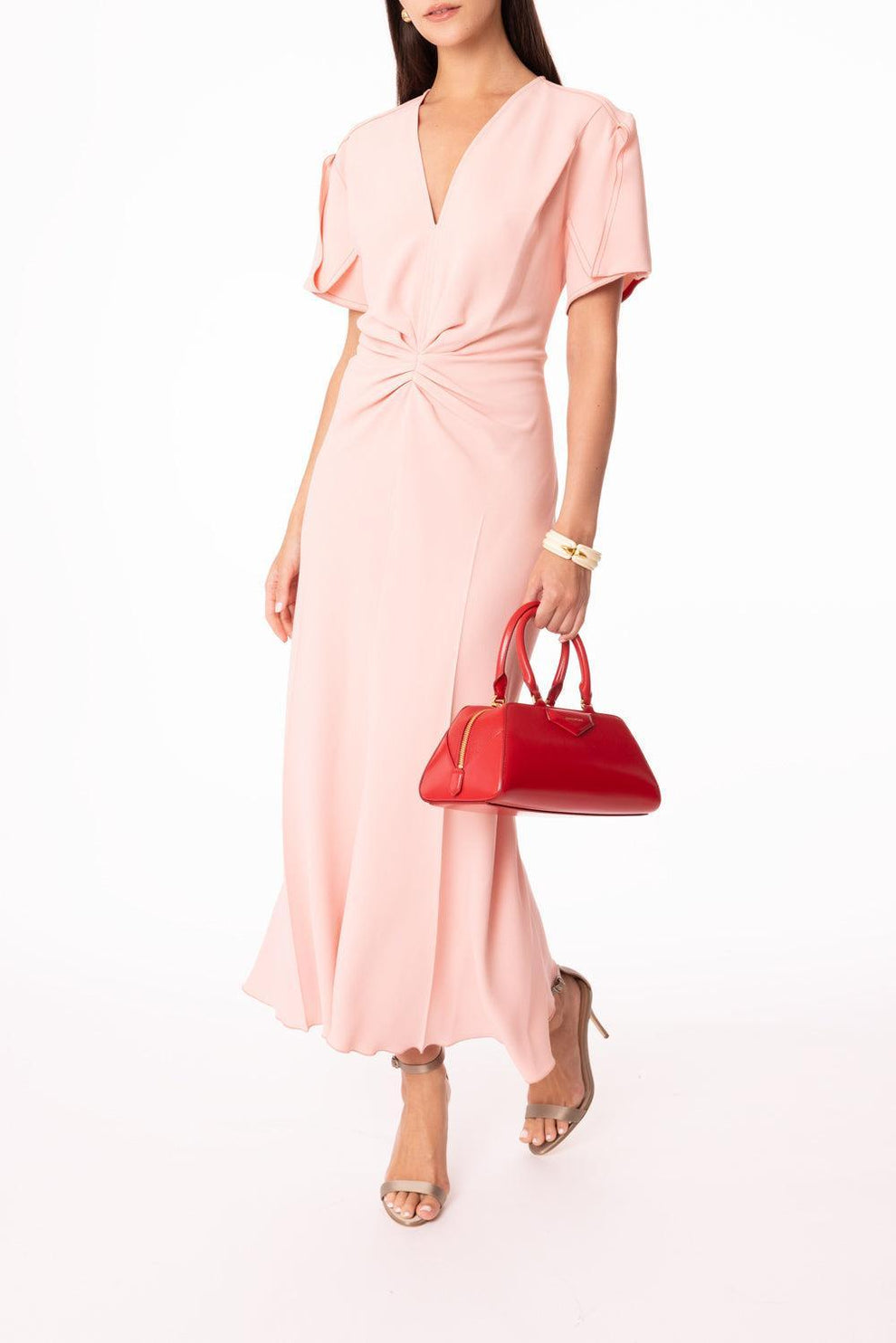 victoria beckham pink midi dress Gathered satin midi dress - baby pink