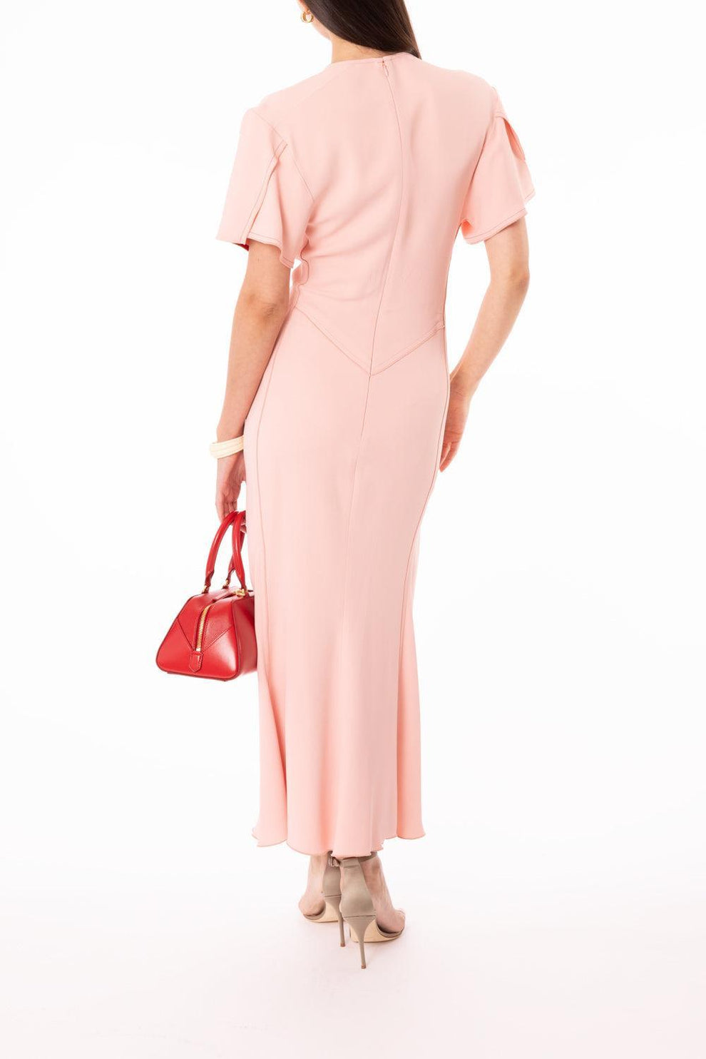 victoria beckham pink midi dress VICTORIA BECKHAM Asymmetric ruffled gathered crepe midi dress
