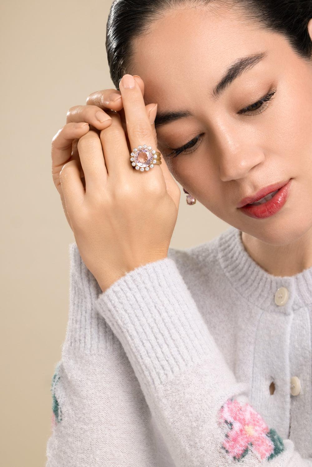 Morganite Diamond Heroic Triple Band Ring-YELLOW GOLD-7-JEWELRYFINE JEWELRING-IRENE NEUWIRTH JEWELRY